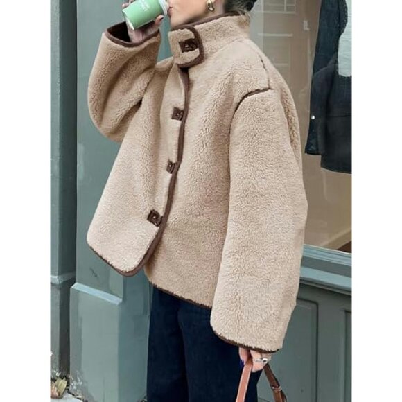 Faux Fur Jacket Women's Winter Coat Button Down Stand Collar Long Sleeve - Picture 5 of 8